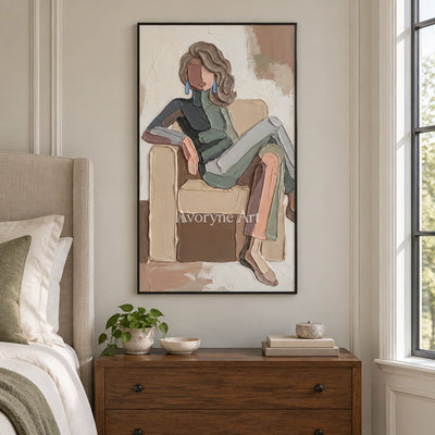Verdant Reverberation textured portrait wall art with a black frame above a bed in a bedroom