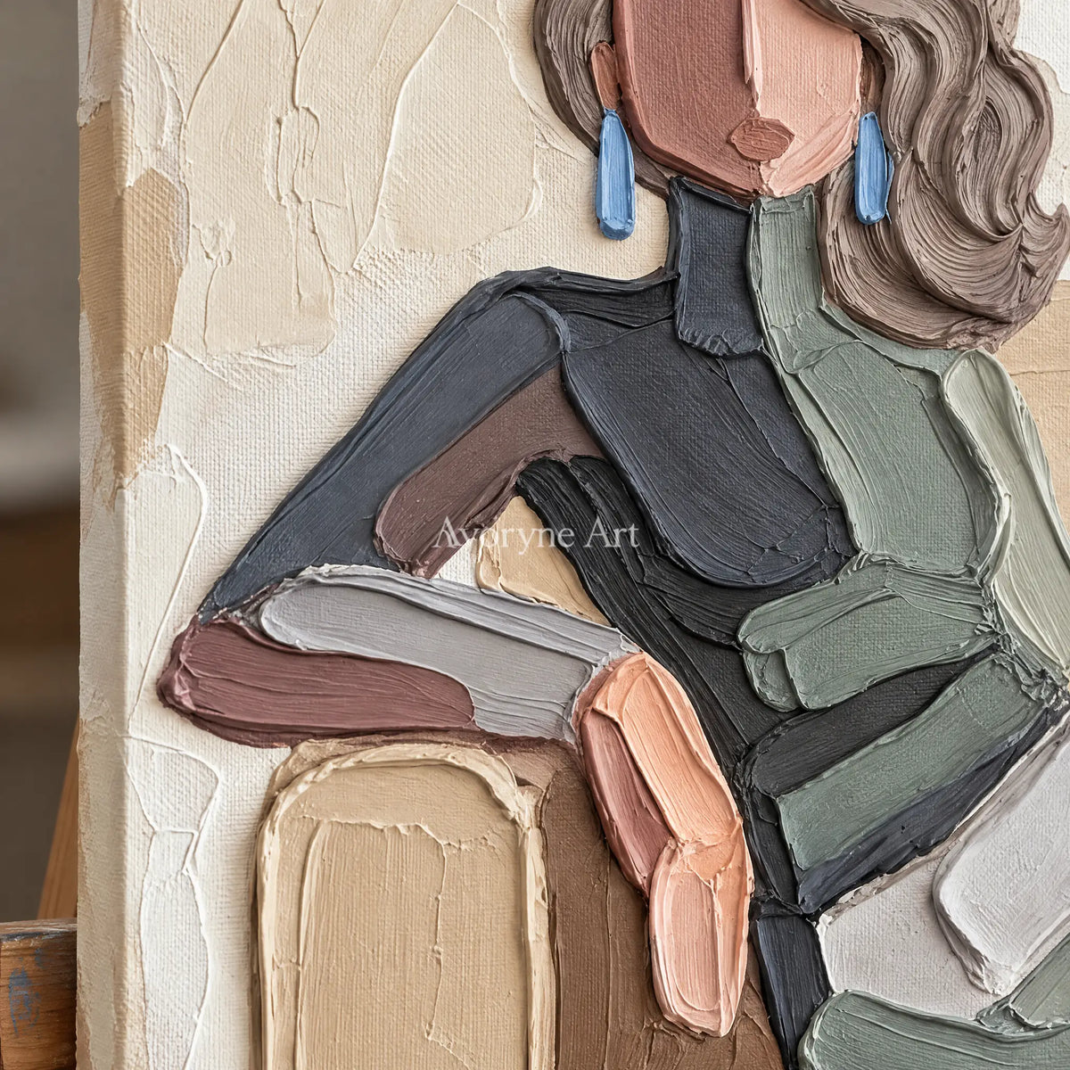 Close-up of the hand-painted texture of Verdant Reverberation textured portrait wall art on an easel