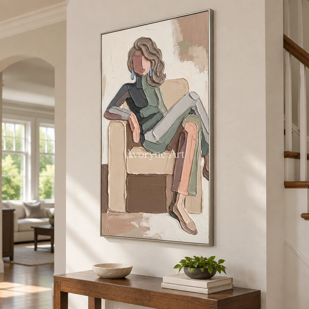 Verdant Reverberation textured portrait wall art with a silver frame in an entryway