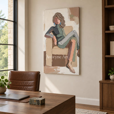 Verdant Reverberation textured portrait wall art as a frameless stretched canvas in a home office