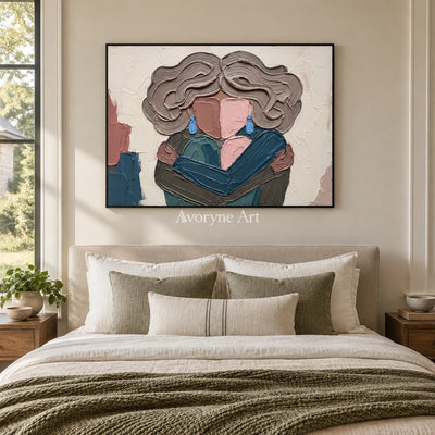 Verdant Dialogue textured portrait wall art with a black frame above a bed in a bedroom