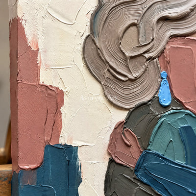 Close-up of the hand-painted texture of Verdant Dialogue textured portrait wall art on an easel