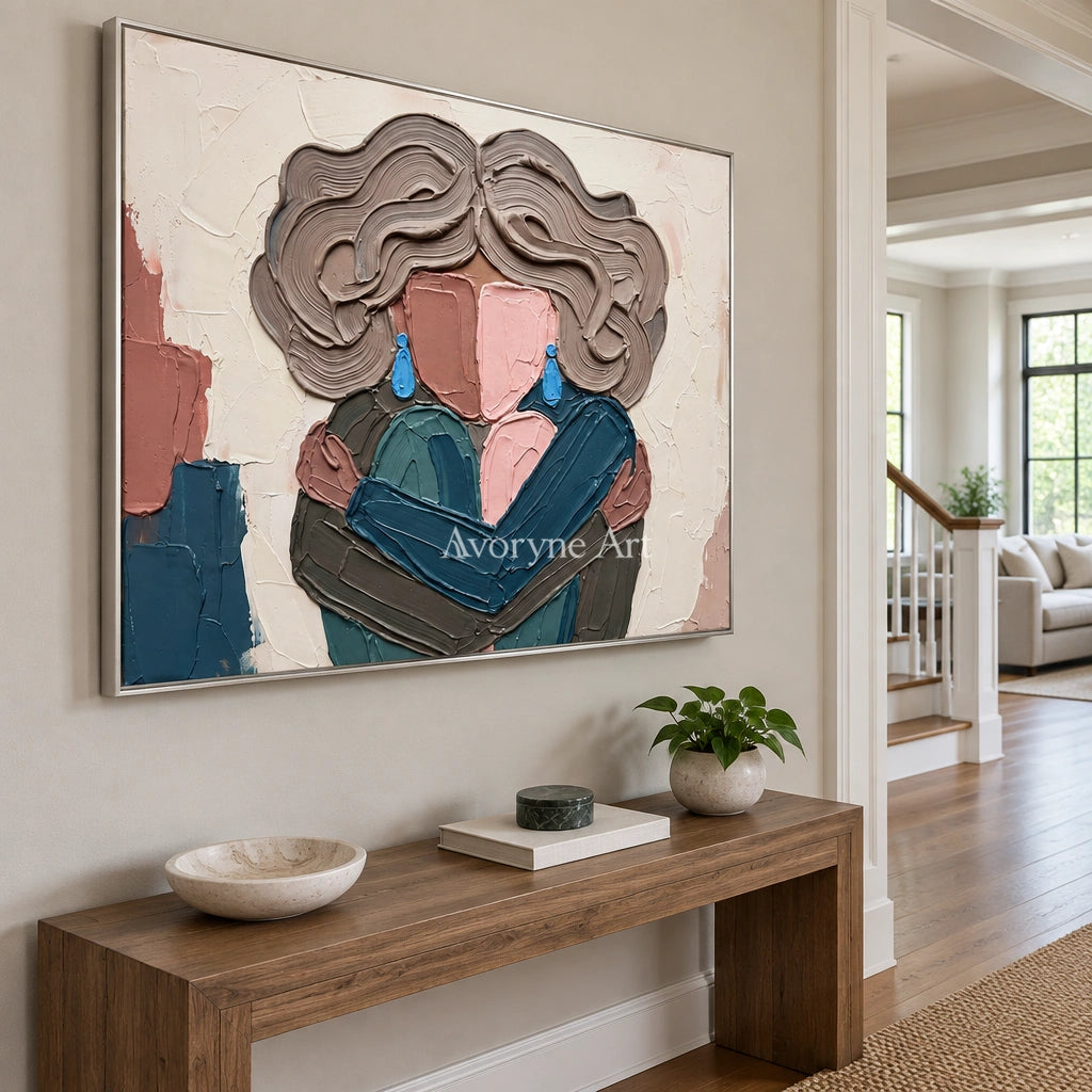 Verdant Dialogue textured portrait wall art with a silver frame in an entryway