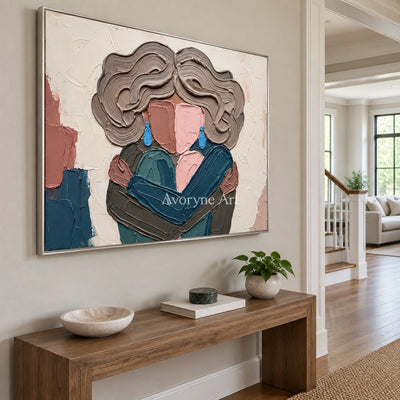 Verdant Dialogue textured portrait wall art with a silver frame in an entryway
