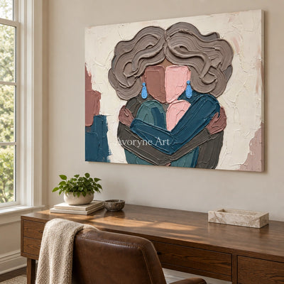 Verdant Dialogue textured portrait wall art as a frameless stretched canvas in a home office