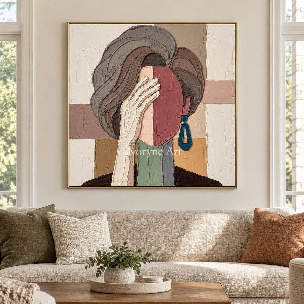 Blue Cadence textured portrait wall art with a gold frame hanging in a living room