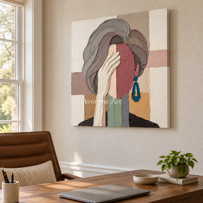 Blue Cadence textured portrait wall art as a frameless stretched canvas in a home office