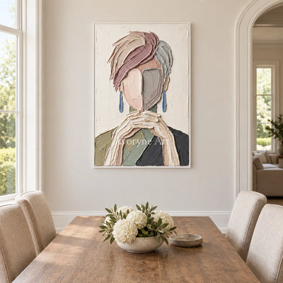 Blue Passage textured portrait wall art with a white frame in a dining room