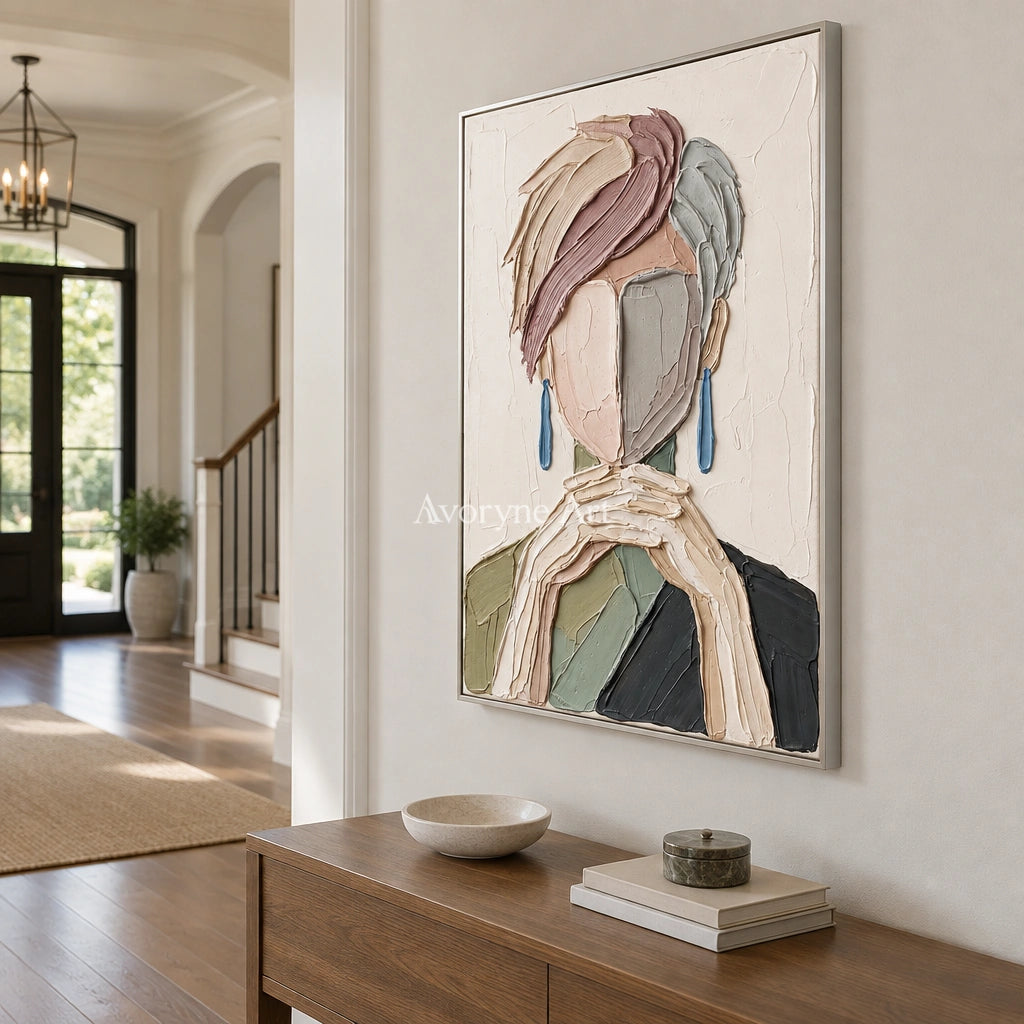 Blue Passage textured portrait wall art with a silver frame in an entryway