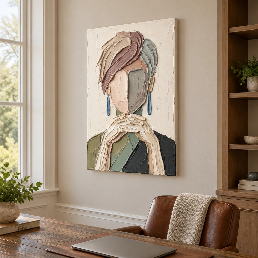 Blue Passage textured portrait wall art as a frameless stretched canvas in a home office