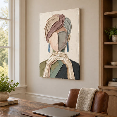 Blue Passage textured portrait wall art as a frameless stretched canvas in a home office