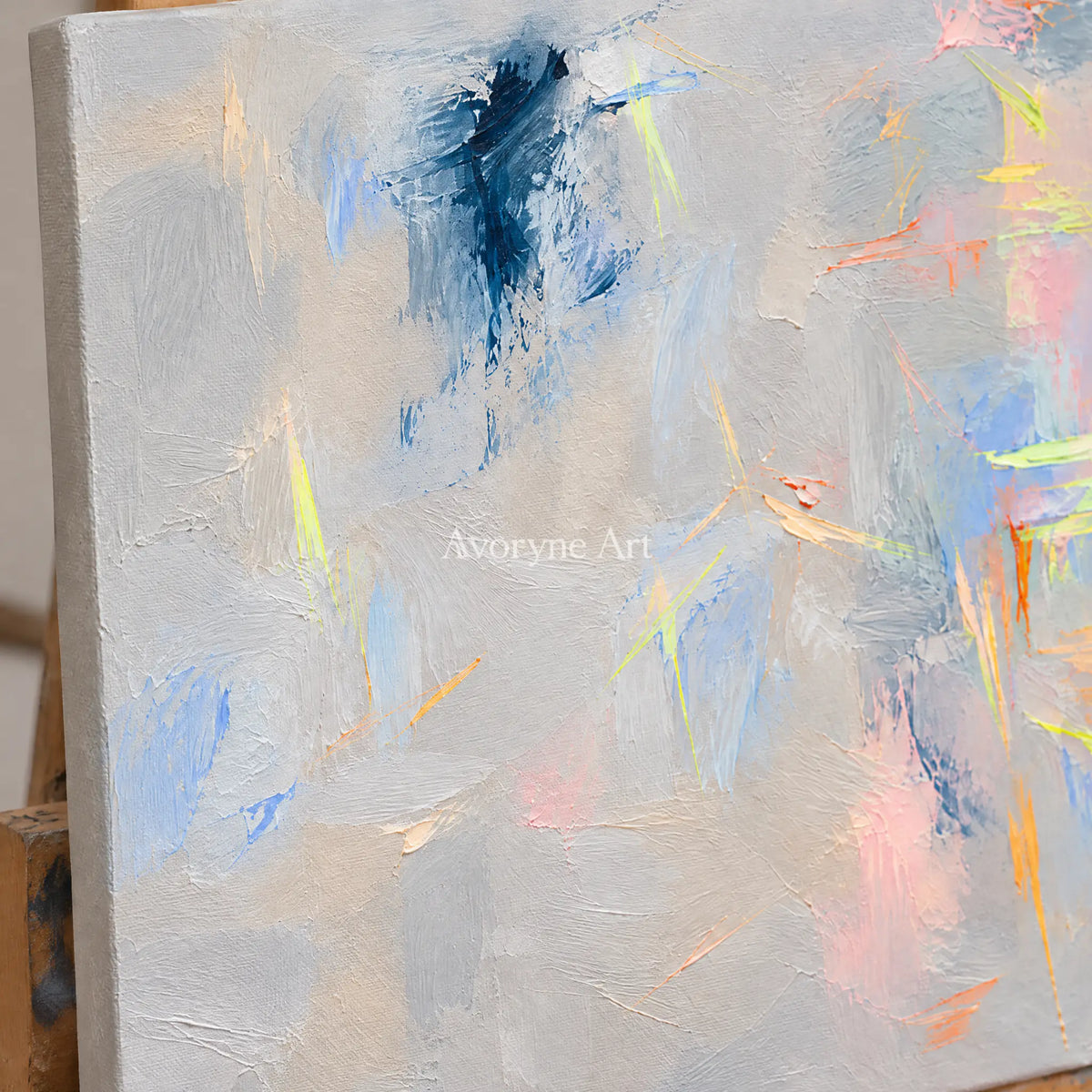 Pastel Traces: Textured Soft Gray Abstract Wall Art — detail easel