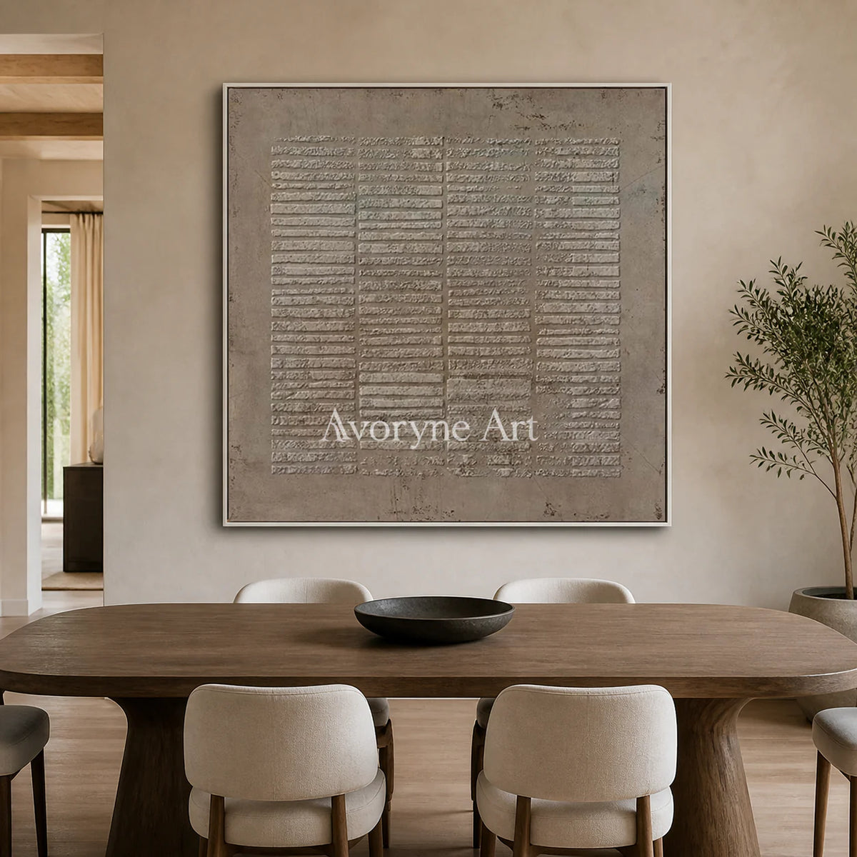 Earthen Silence: Textured Wabi-Sabi Abstract Wall Art - dining room white frame