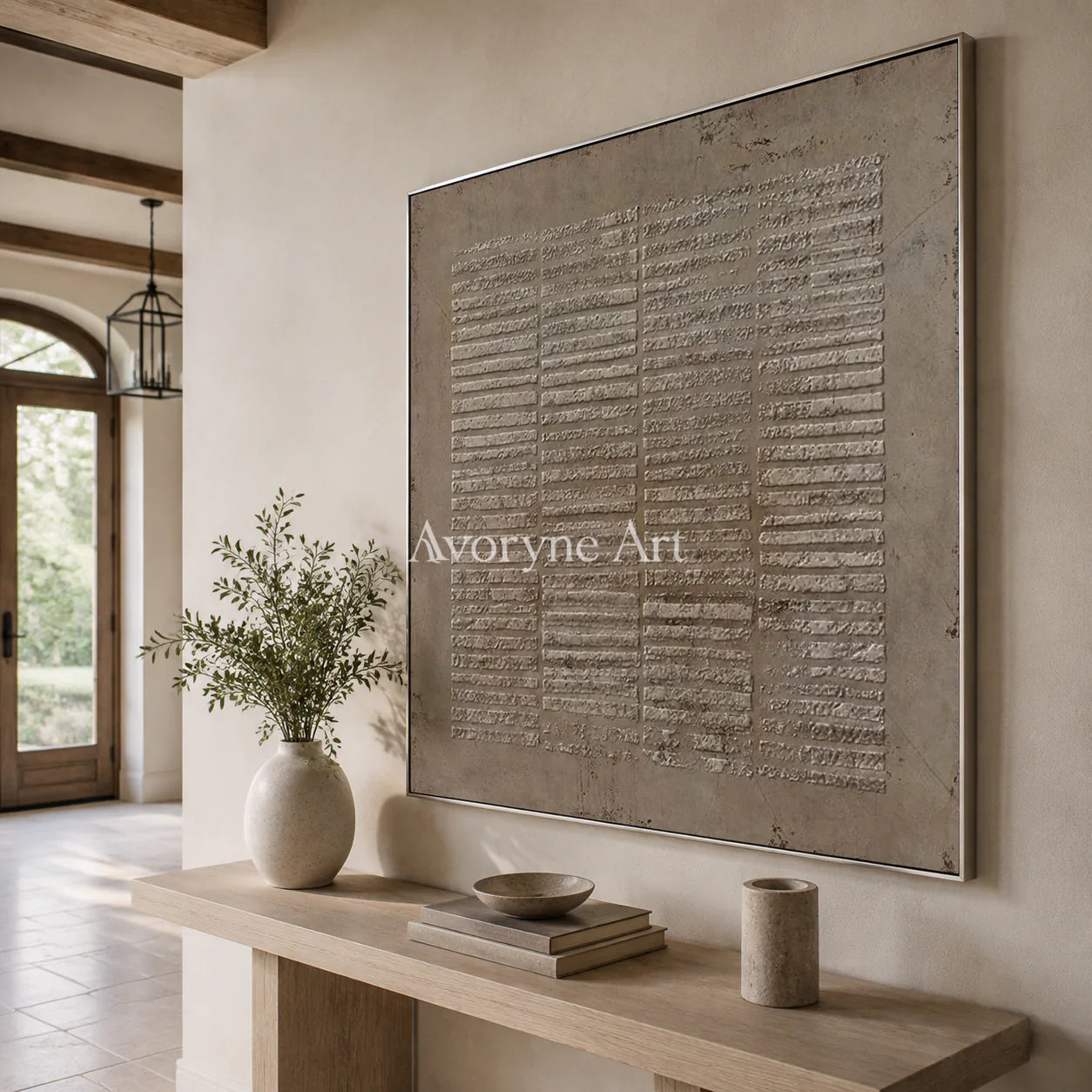 Earthen Silence: Textured Wabi-Sabi Abstract Wall Art - entryway silver frame