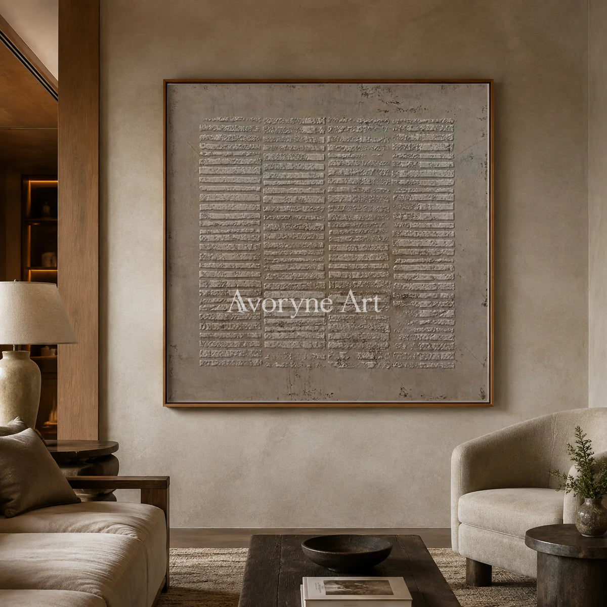 Earthen Silence: Textured Wabi-Sabi Abstract Wall Art - hotel wood frame