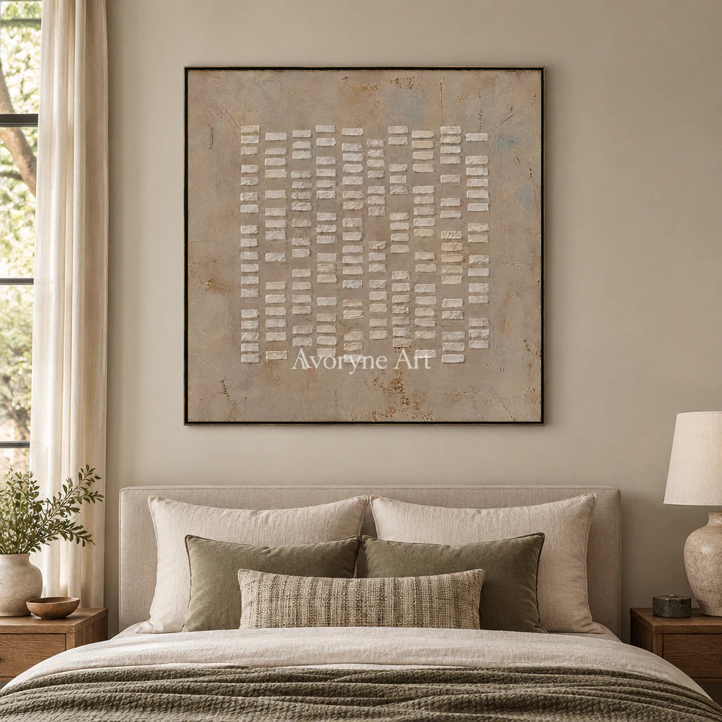 Linen Marks: Textured Wabi-Sabi Beige Relief Wall Art — bedroom black