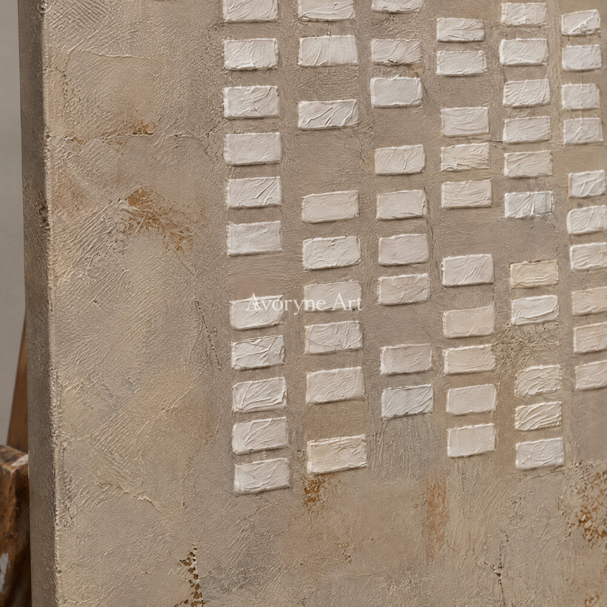 Linen Marks: Textured Wabi-Sabi Beige Relief Wall Art — detail easel