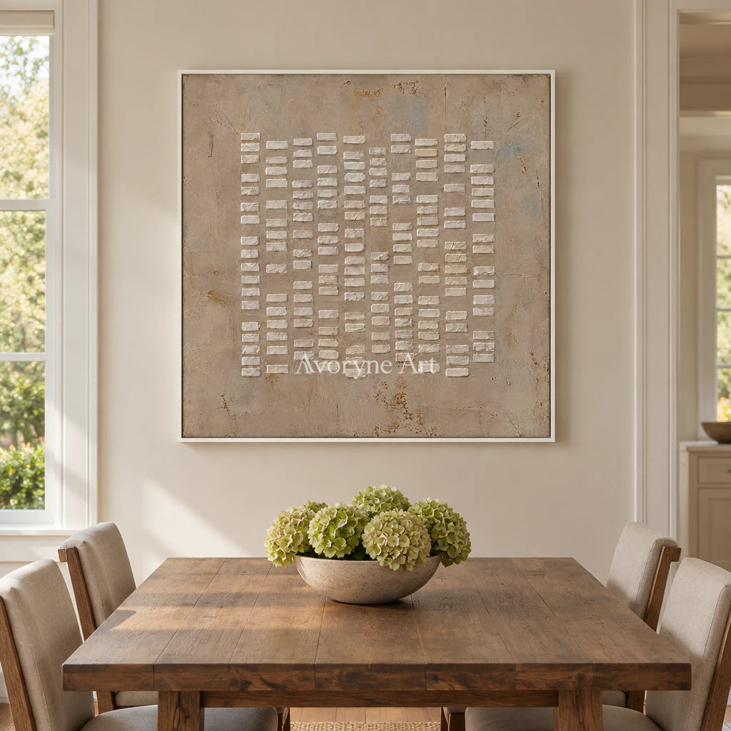 Linen Marks: Textured Wabi-Sabi Beige Relief Wall Art — dining white