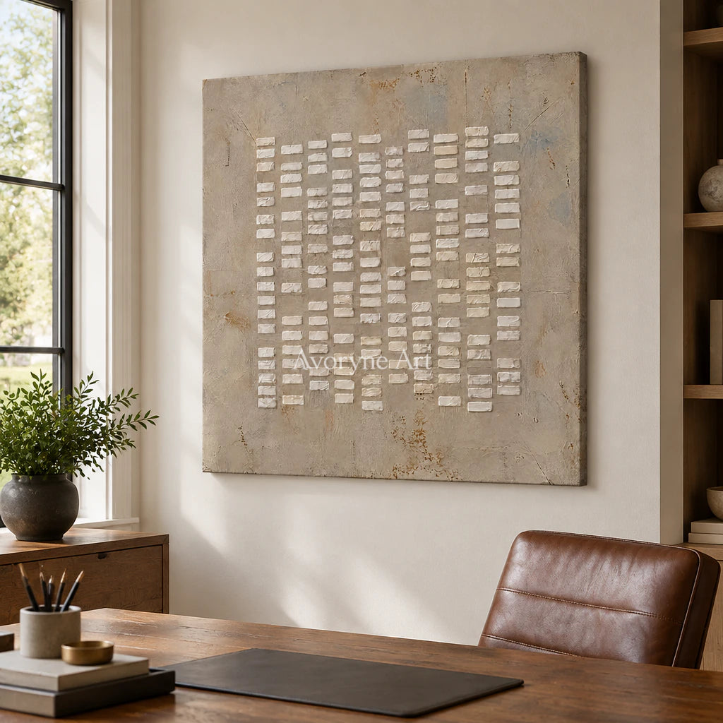 Linen Marks: Textured Wabi-Sabi Beige Relief Wall Art — office frameless