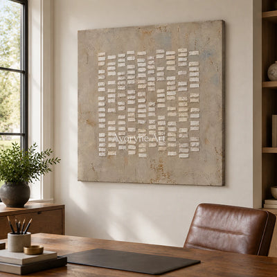 Linen Marks: Textured Wabi-Sabi Beige Relief Wall Art — office frameless