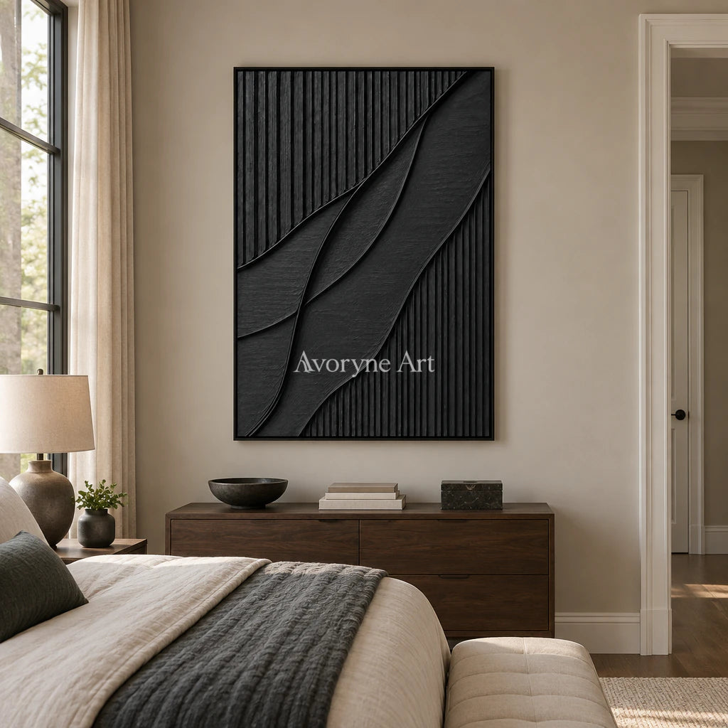 Noir Curve: Textured Wabi-Sabi Black Impasto Wall Art — bedroom black