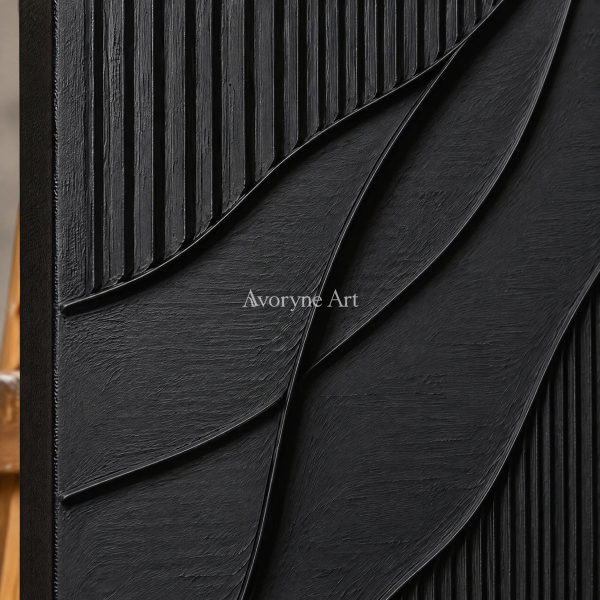 Noir Curve: Textured Wabi-Sabi Black Impasto Wall Art — detail easel