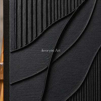Noir Curve: Textured Wabi-Sabi Black Impasto Wall Art — detail easel