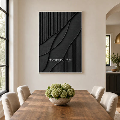 Noir Curve: Textured Wabi-Sabi Black Impasto Wall Art — dining white
