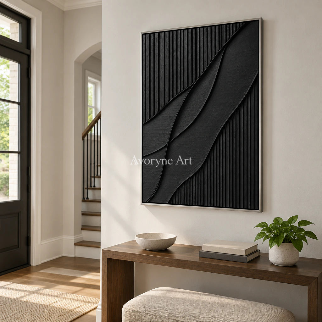 Noir Curve: Textured Wabi-Sabi Black Impasto Wall Art — entry silver