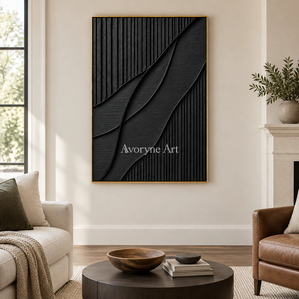 Noir Curve: Textured Wabi-Sabi Black Impasto Wall Art — living gold