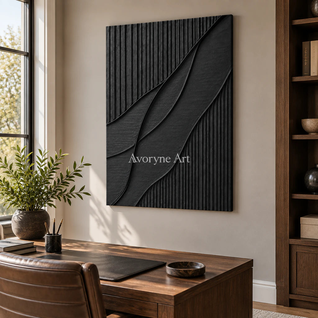 Noir Curve: Textured Wabi-Sabi Black Impasto Wall Art — office frameless