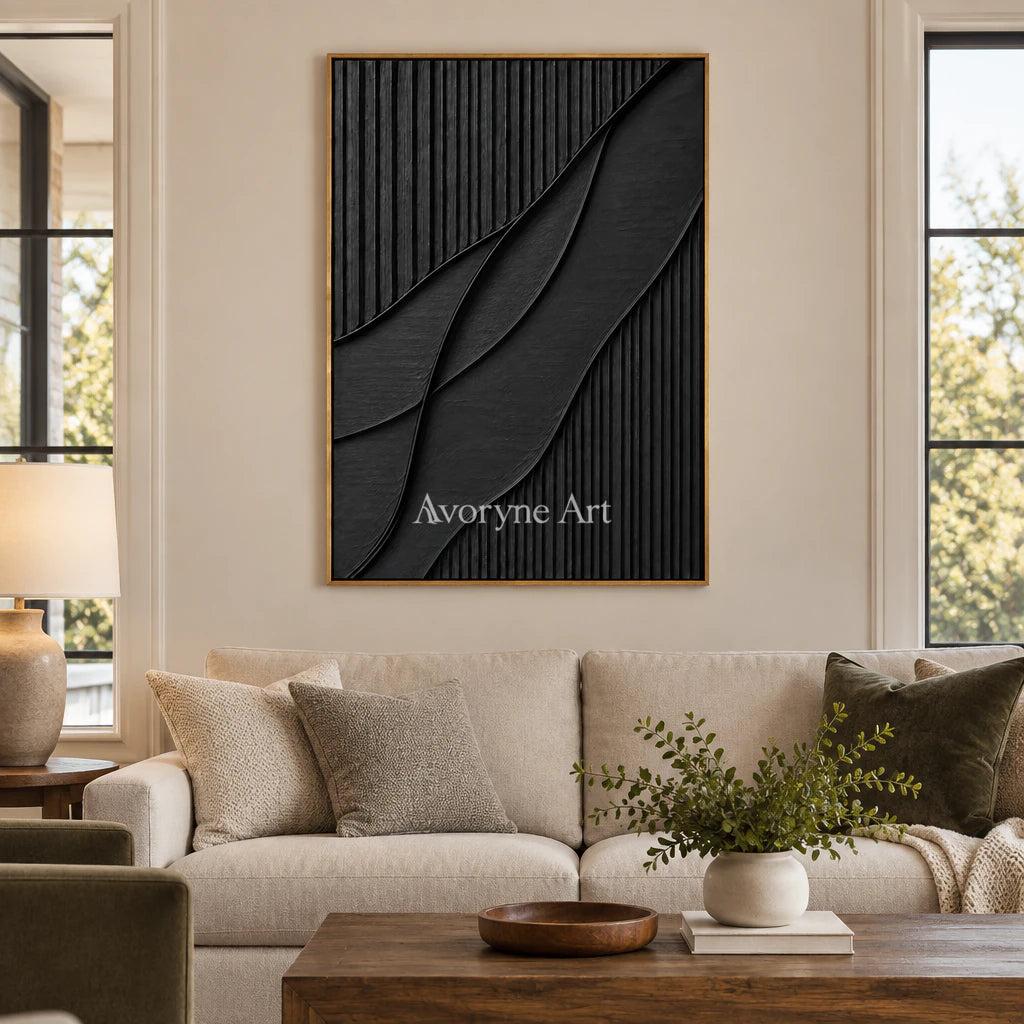 Noir Curve: Textured Wabi-Sabi Black Impasto Wall Art — villa wood