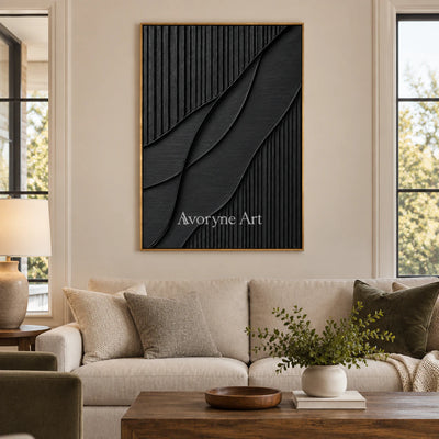 Noir Curve: Textured Wabi-Sabi Black Impasto Wall Art — villa wood