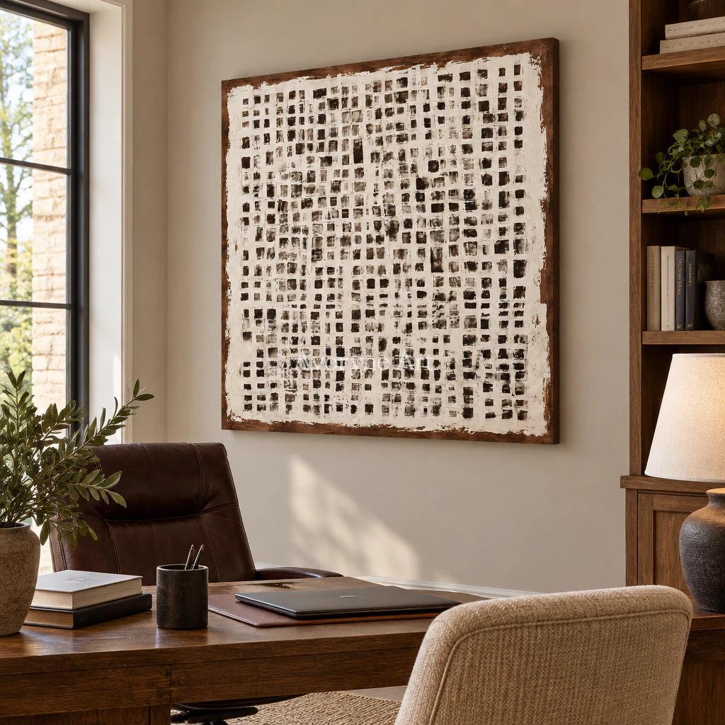 Chalk Weave: Textured Wabi-Sabi White Grid Wall Art — office frameless