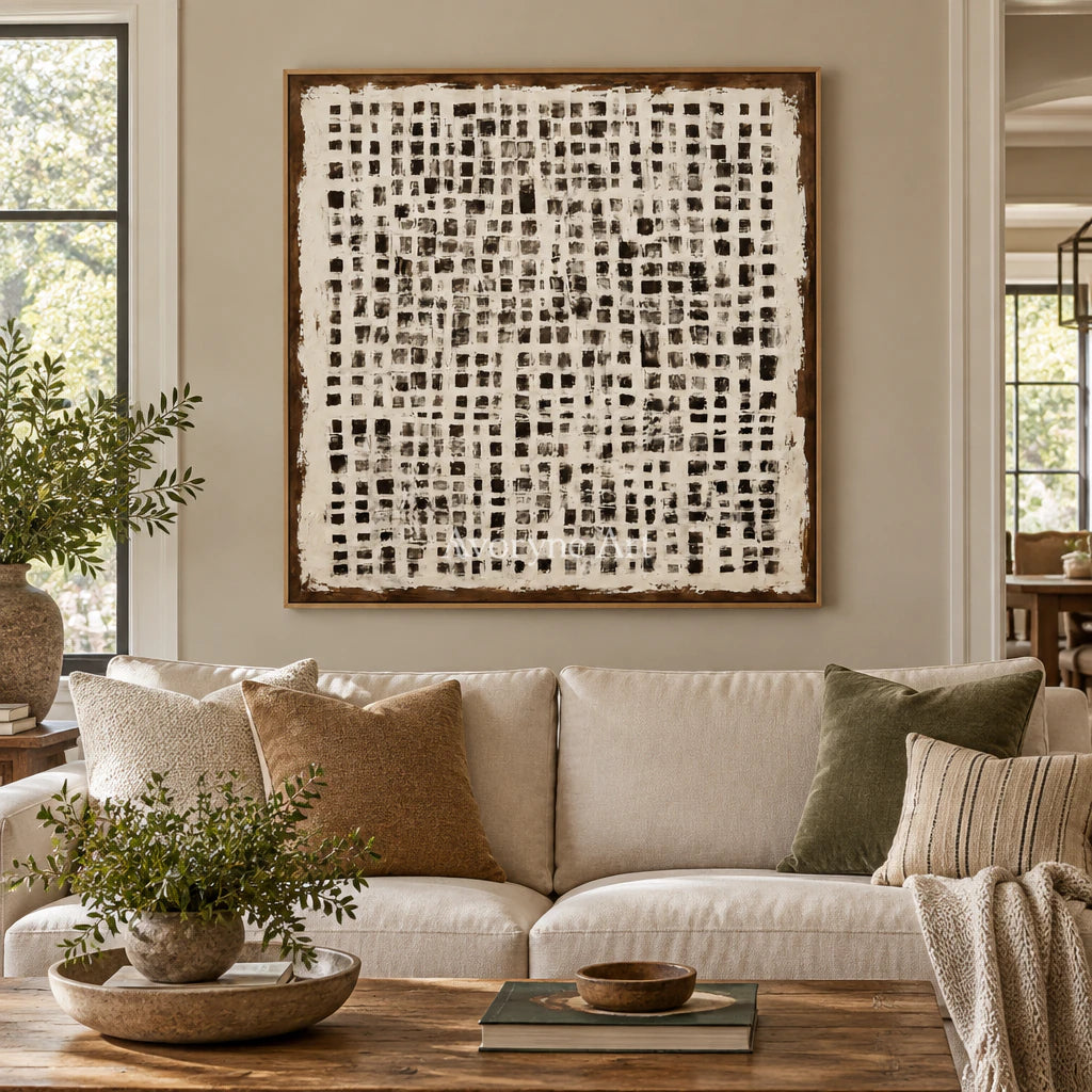 Chalk Weave: Textured Wabi-Sabi White Grid Wall Art — villa wood