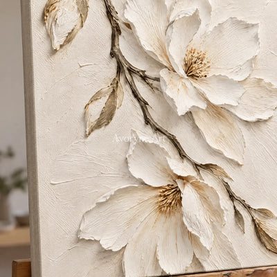 Ivory Botany: Textured White Floral Diptych Wall Art — detail easel