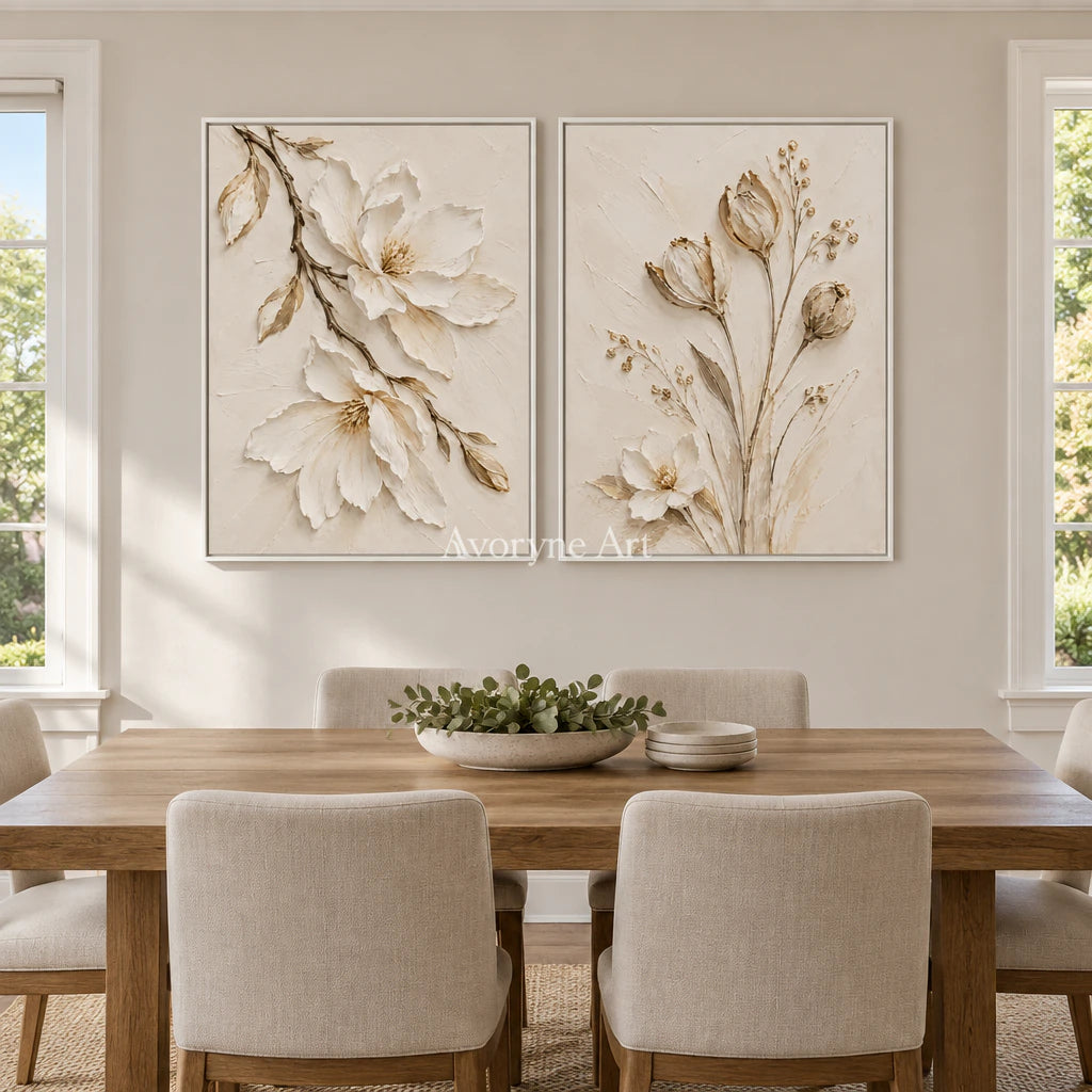 Ivory Botany: Textured White Floral Diptych Wall Art — dining white