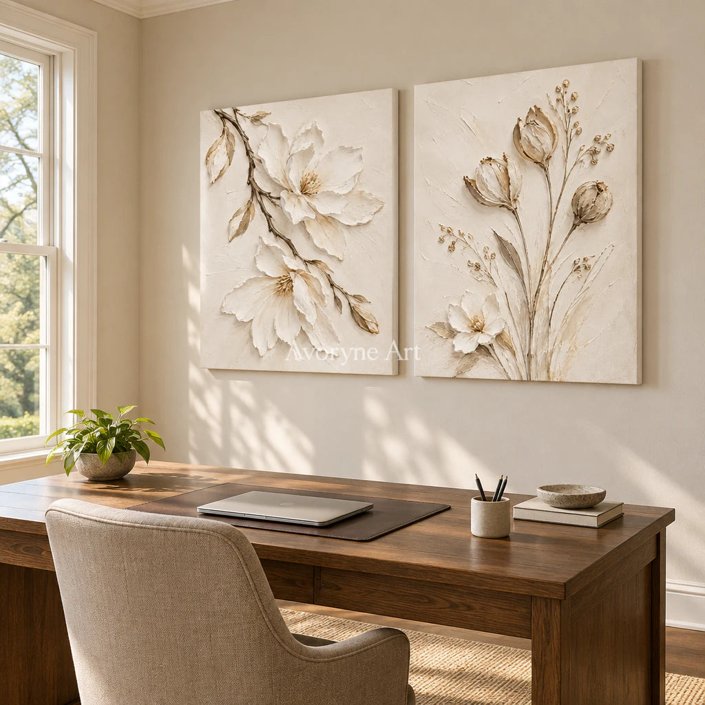 Ivory Botany: Textured White Floral Diptych Wall Art — office frameless