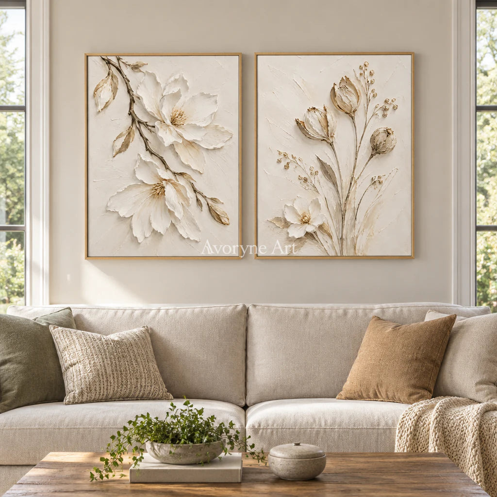 Ivory Botany: Textured White Floral Diptych Wall Art — villa wood