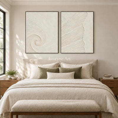 Spiral Passage: Textured White Grooved Diptych Wall Art — bedroom black