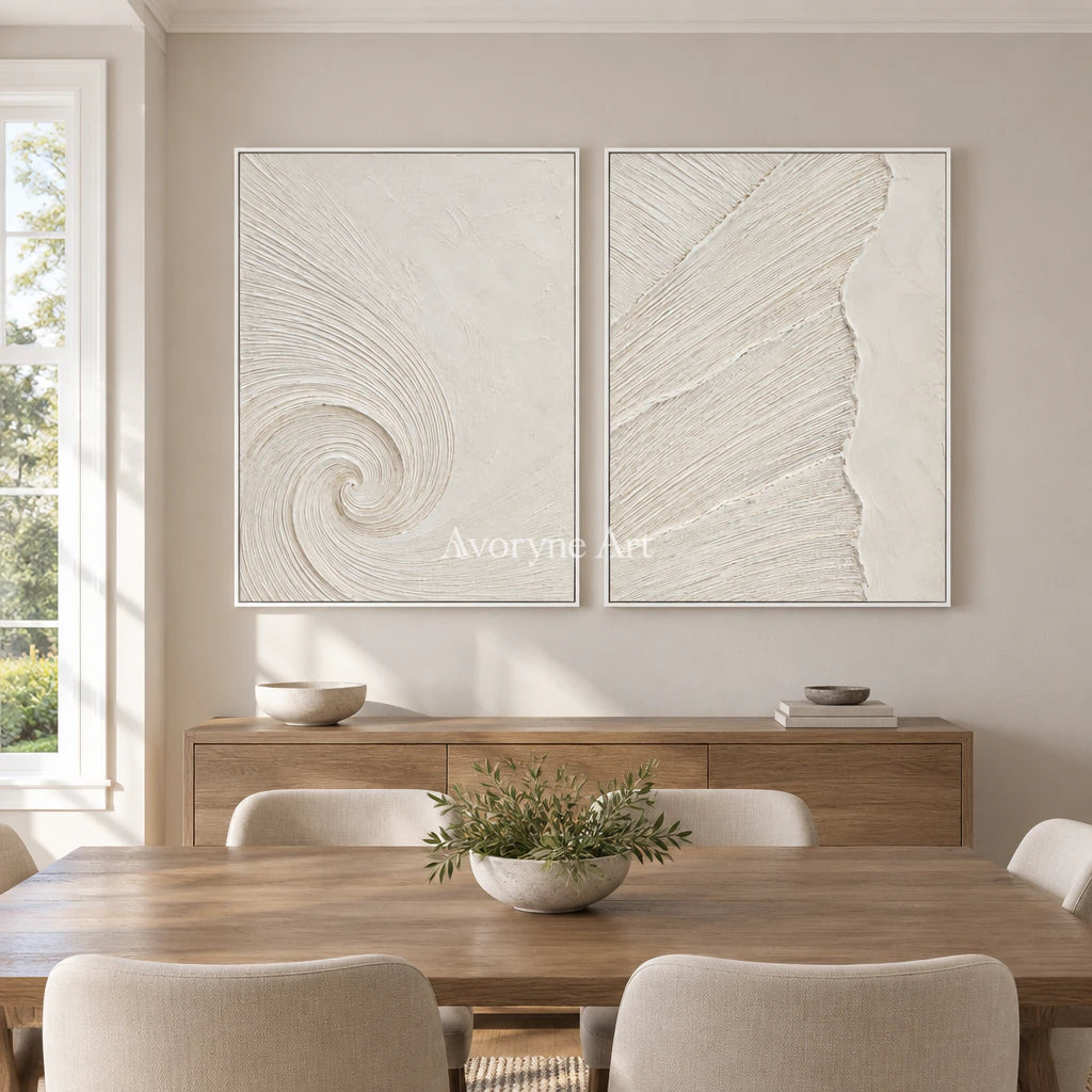 Spiral Passage: Textured White Grooved Diptych Wall Art — dining white