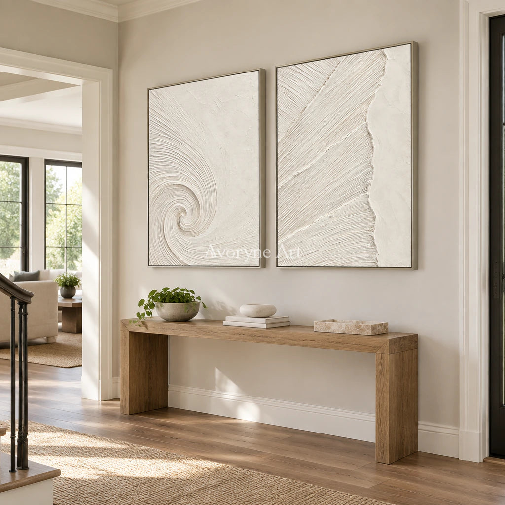 Spiral Passage: Textured White Grooved Diptych Wall Art — entry silver