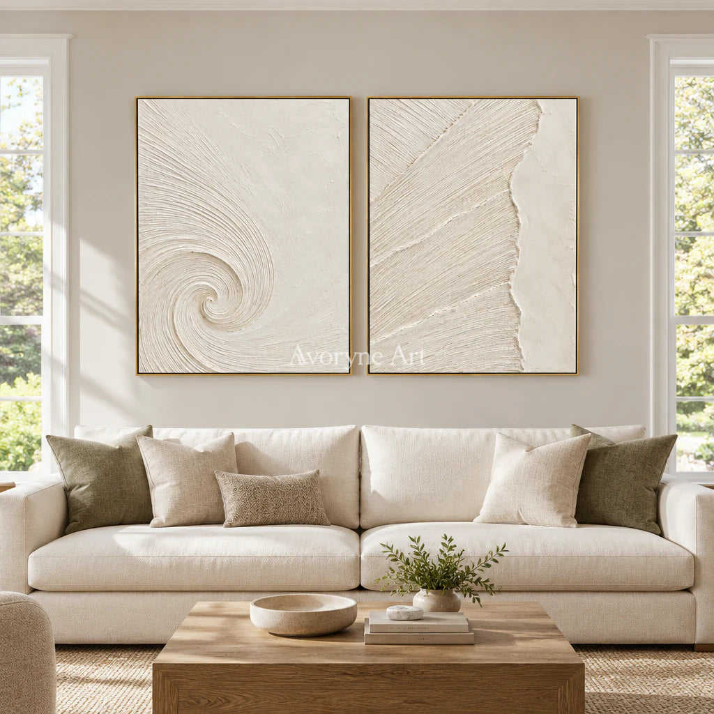 Spiral Passage: Textured White Grooved Diptych Wall Art — living gold