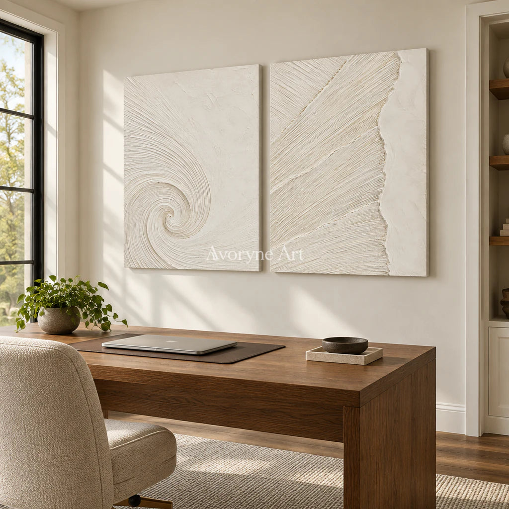 Spiral Passage: Textured White Grooved Diptych Wall Art — office frameless