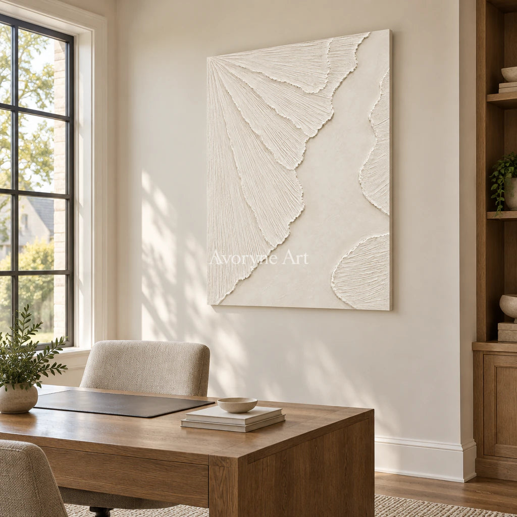 Ivory Fanways: Textured White Grooved Relief Wall Art — office frameless