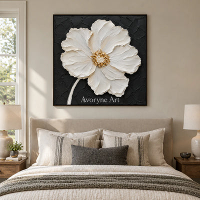 Ivory Bloom: Textured White Impasto Flower Wall Art — bedroom black