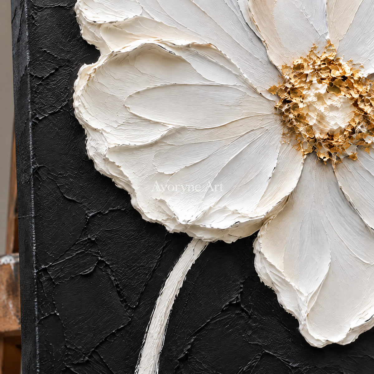 Ivory Bloom: Textured White Impasto Flower Wall Art — detail easel