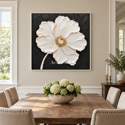 Ivory Bloom: Textured White Impasto Flower Wall Art — dining white