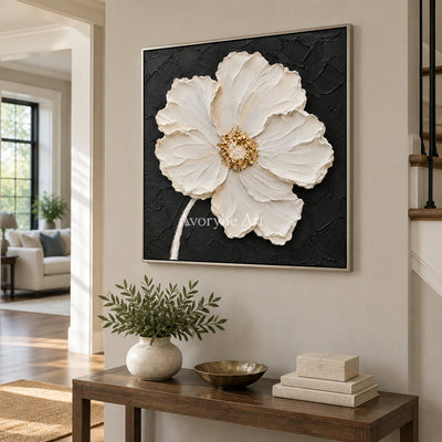 Ivory Bloom: Textured White Impasto Flower Wall Art — entry silver