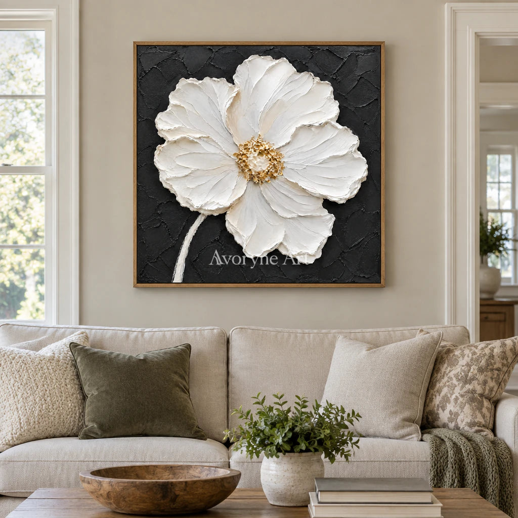 Ivory Bloom: Textured White Impasto Flower Wall Art — villa wood